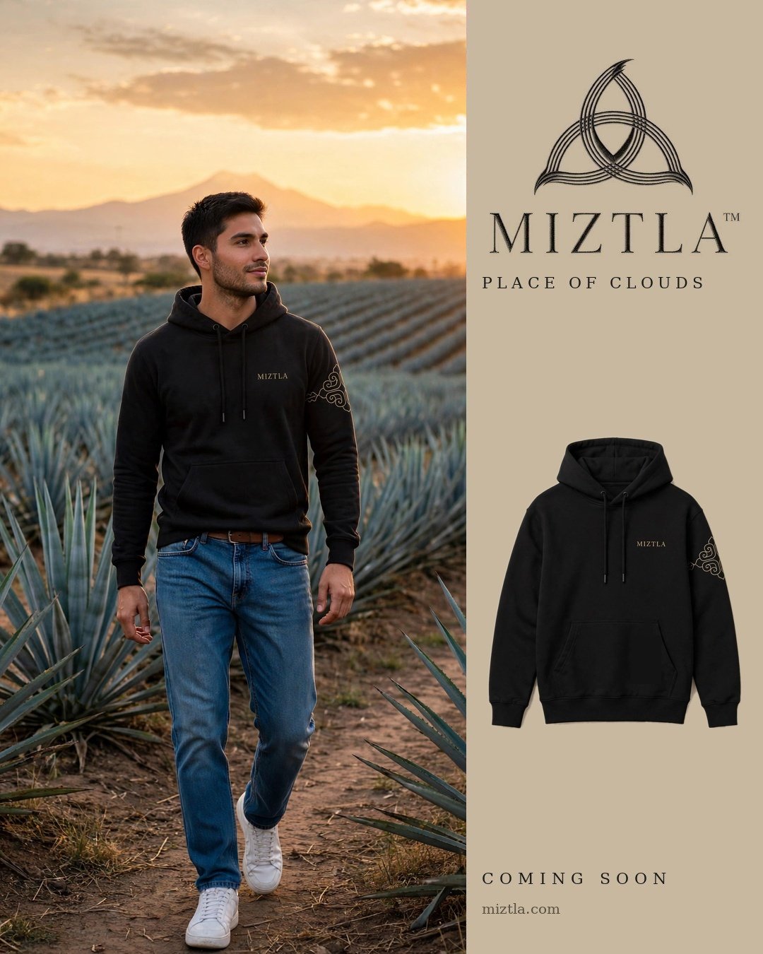 Diego con la sudadera negra MIZTLA entre agaves al atardecer en Jalisco · Diego wearing the black MIZTLA hoodie among agave fields at sunset in Jalisco