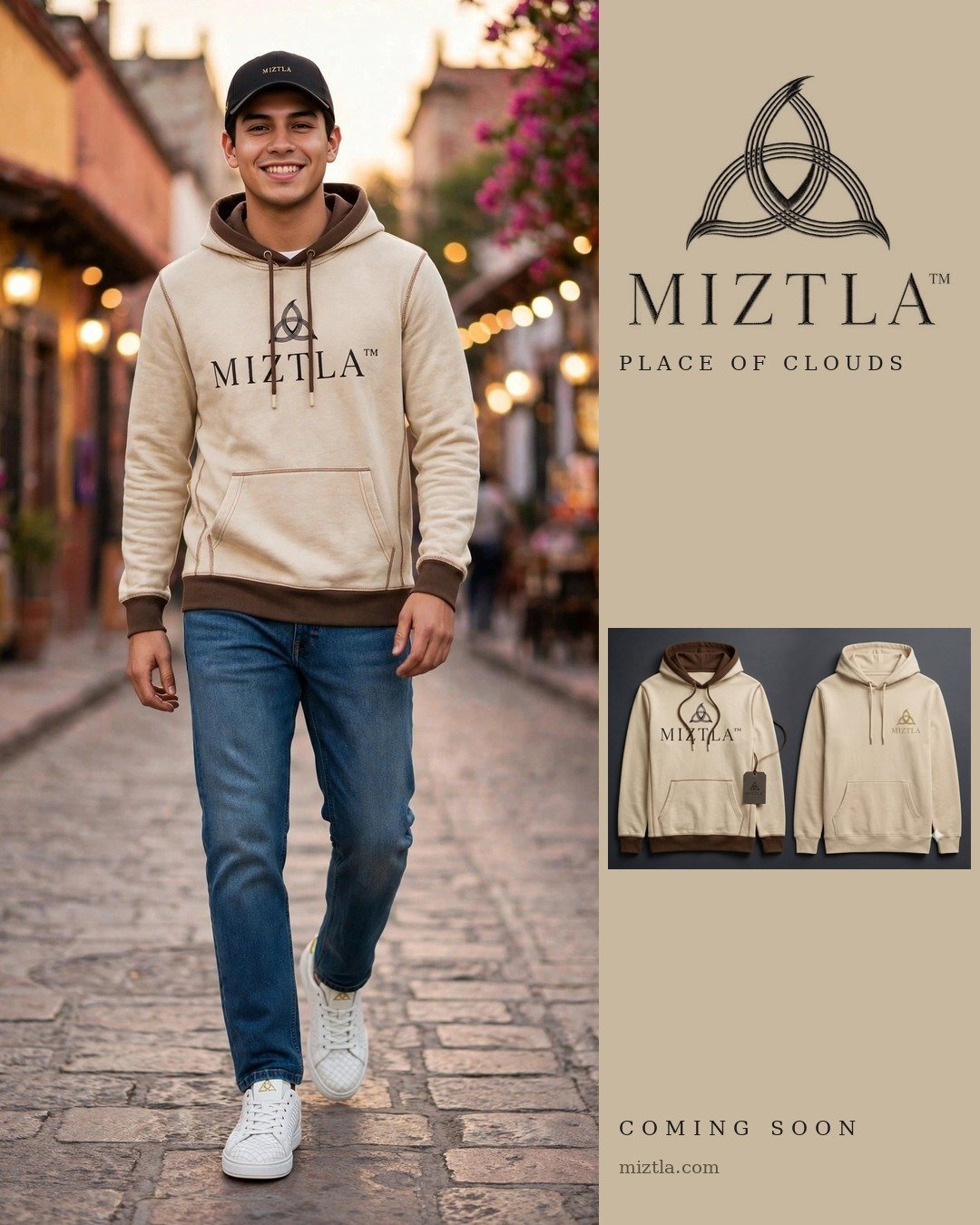 Diego con la sudadera beige MIZTLA en una calle colonial de México · Diego wearing the beige MIZTLA hoodie on a colonial street in Mexico