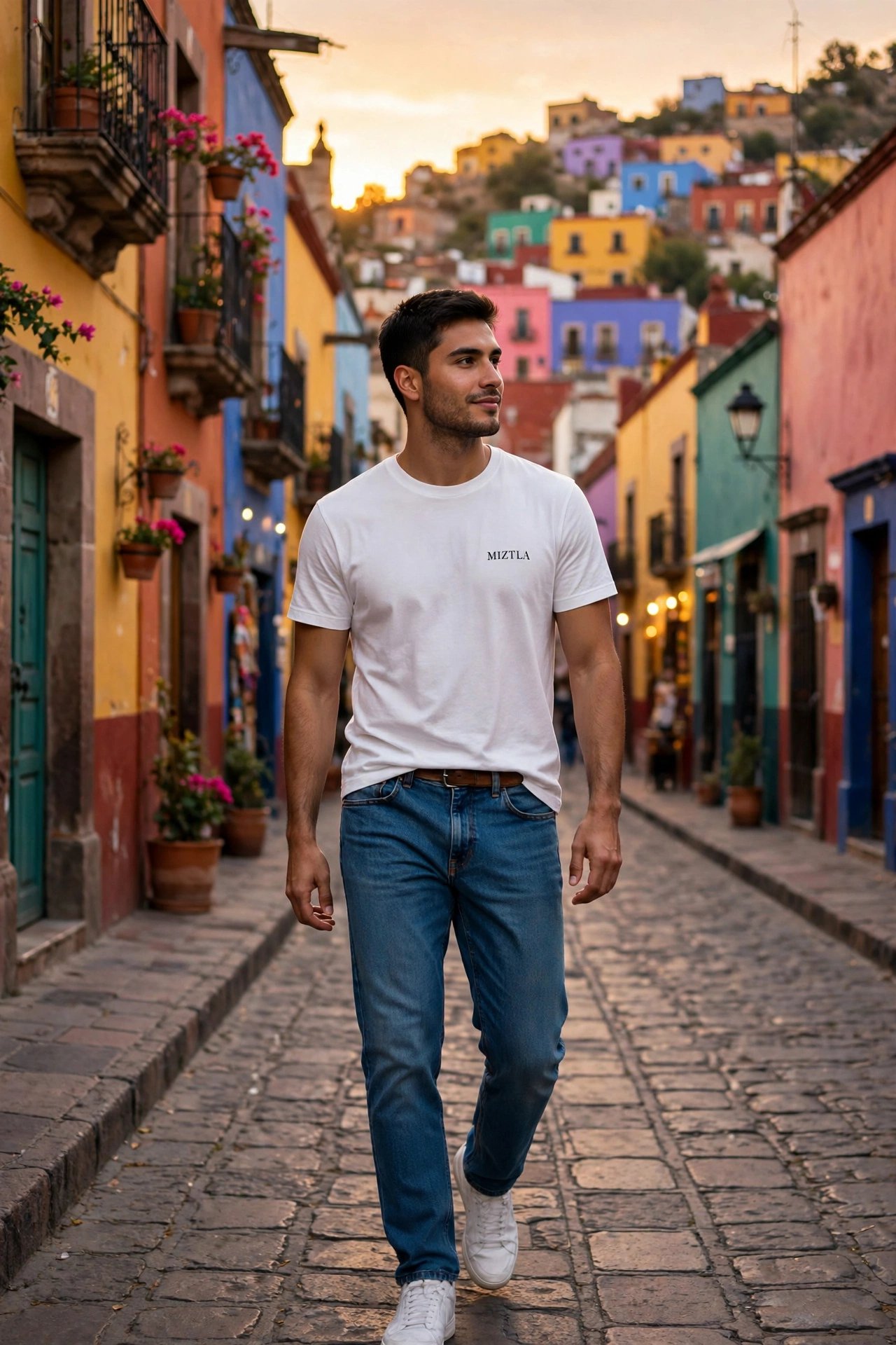 Diego con playera blanca MIZTLA en Guanajuato, México · Diego wearing the white MIZTLA t-shirt in Guanajuato, Mexico