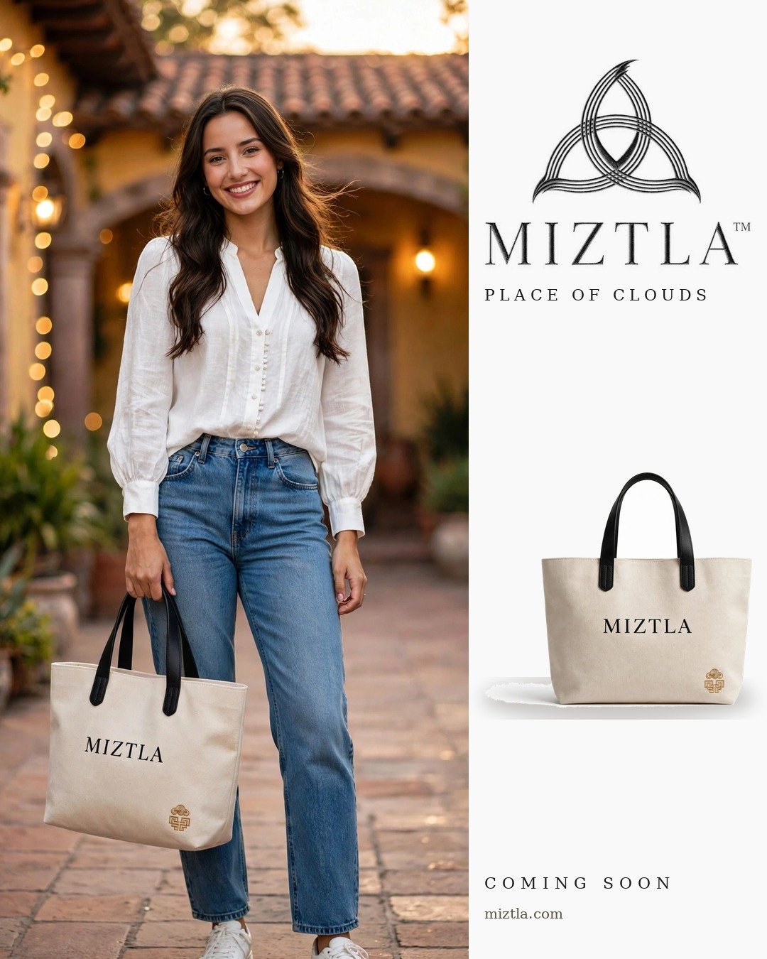 Valeria con el tote MIZTLA en una hacienda mexicana · Valeria with the MIZTLA tote at a Mexican hacienda